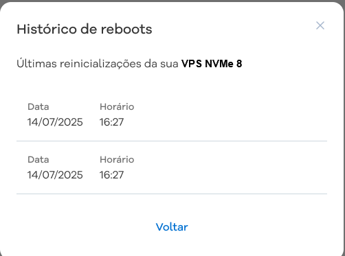 Imagem ilustrativa do histórico de reboots do servidor, onde é possível ver a data e hora do histórico de reinicializações do servidor