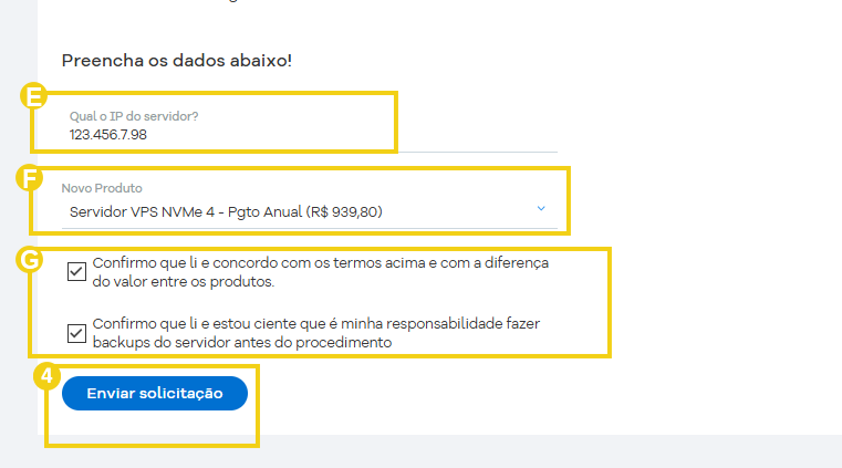 Interface de abertura de chamado para upgrade de plano VPS, com o botão 'Enviar' do formulário destacado pelo cursor.