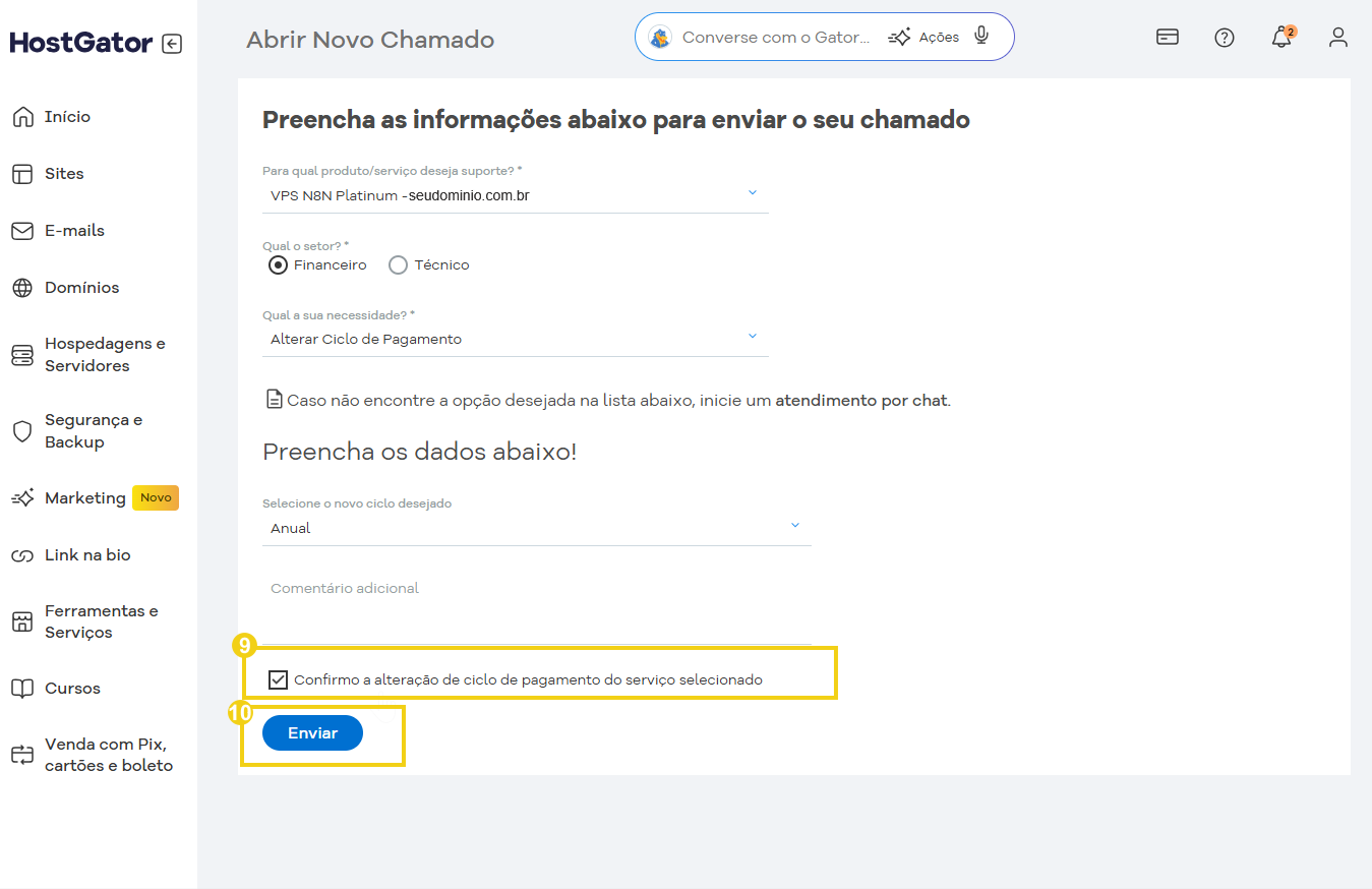 Tela de formulário na plataforma HostGator para solicitar alteração no ciclo de pagamento , destacando opções de confirmação e botão enviar.