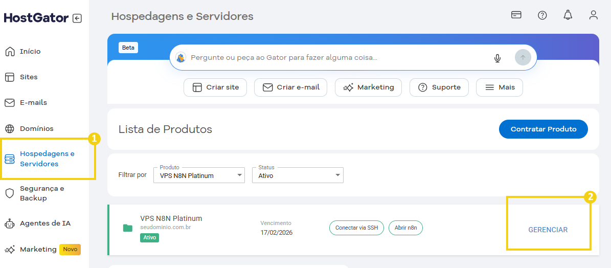 Imagem da plataforma HostGator mostrando opções para gerenciamento de sites, domínios e suporte técnico, com interface limpa e funcional.