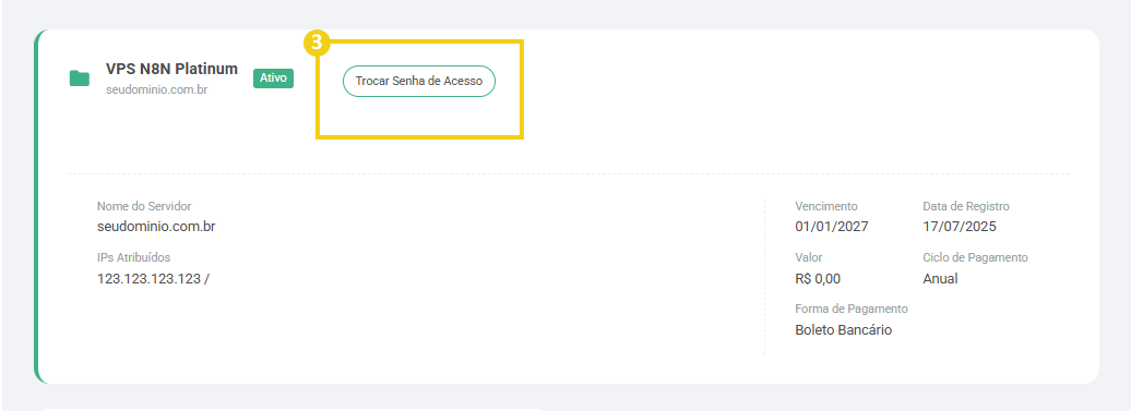 Imagem mostra destacado o botão "Trocar senha de acesso" que deve ser clicado para acessar a área de alteração
