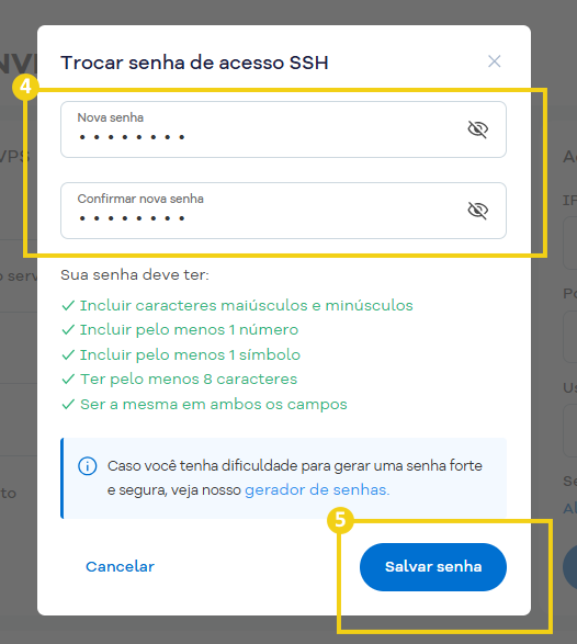 Imagem mostra campos para inserção de nova senha, requisitos e opção para cancelar ou salvar