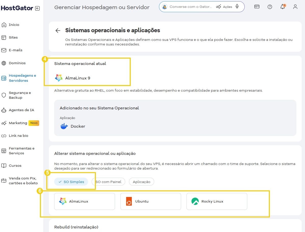 Tela de gerenciamento de hospedagem ou servidor no HostGator mostrando sistemas operacionais e aplicações, incluindo AlmaLinux 9, Docker e opções de troca.