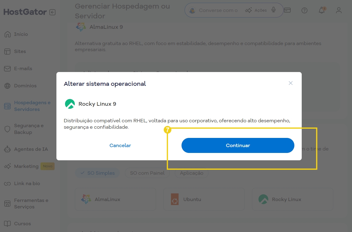 Tela de configuração do sistema operacional Rocky Linux 9 em painel de gerenciamento de servidores de hospedagem na plataforma HostGator, destacando a opção de continuar a instalação.