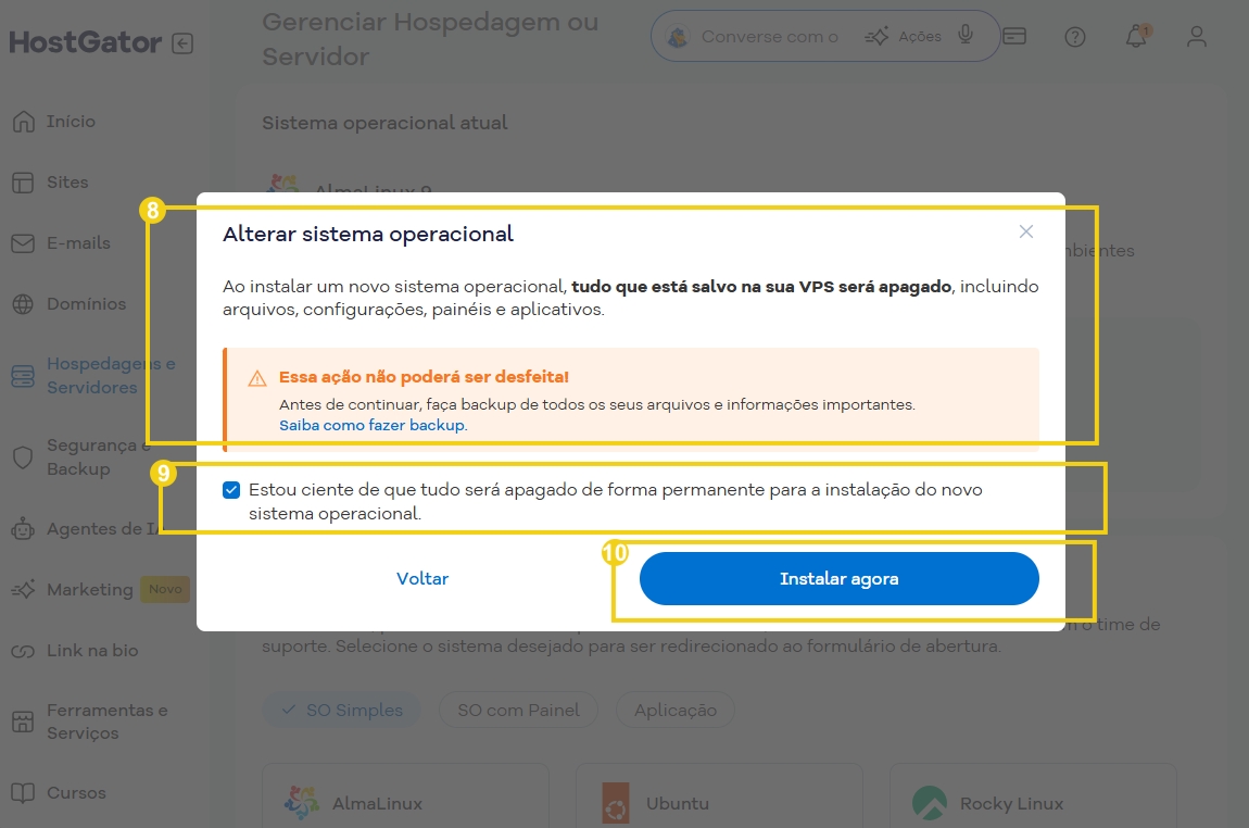 Tela ao instalar um novo sistema operacional em um servidor, destacando a mensagem de aviso e a opção de confirmação do usuário.