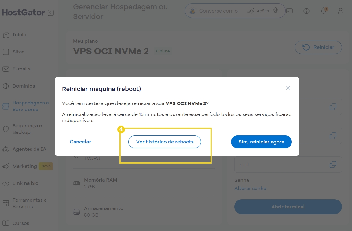 Imagem destacando a opção de ver histórico de reboots, para ter acesso ao histórico de reboots do servidor