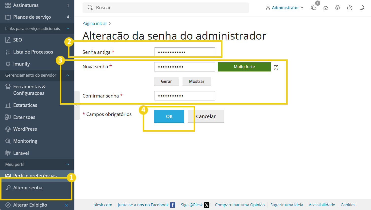 ão da senha do administrador no sistema de gestão de hospedagem, com campos para senha antiga, nova e confirmação.