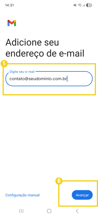 Imagem mostra a tela do celular, no aplicativo Gmail, com a marcação no campo para digitar o e-mail Titan