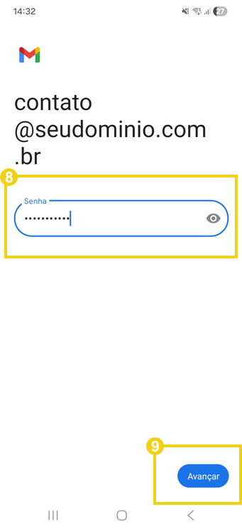 Imagem mostra a tela do celular, no aplicativo Gmail, com a marcação no campo para digitar a senha do e-mail Titan
