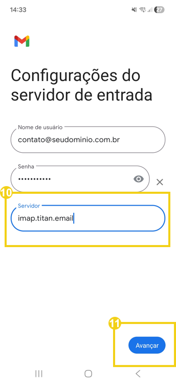 Imagem mostra a tela do celular, no aplicativo Gmail, com a marcação no campo para digitar o servidor Titan