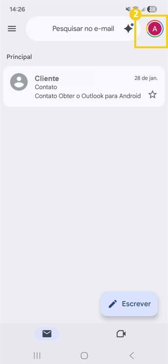 Imagem mostra a tela do celular, no aplicativo Gmail, com a marcação no ícone de perfil, local onde deve ser clicado