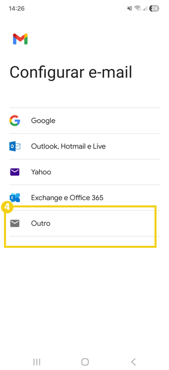 Imagem mostra a tela do celular, no aplicativo Gmail, com a marcação na opção "Outro", local onde deve ser clicado
