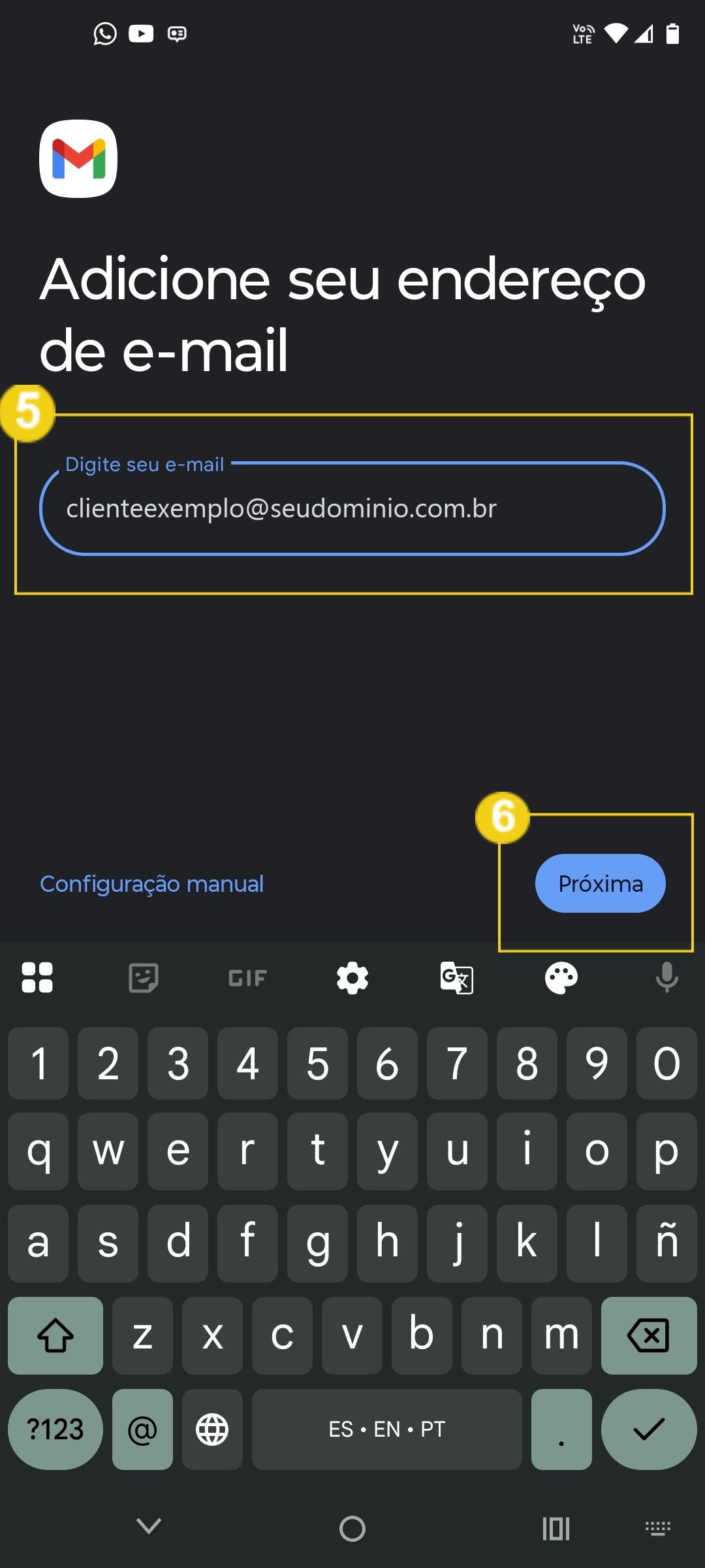 Tela de cadastro de e-mail no Gmail em português, com destaque para o campo de digitação do endereço de e-mail e o botão próximo.