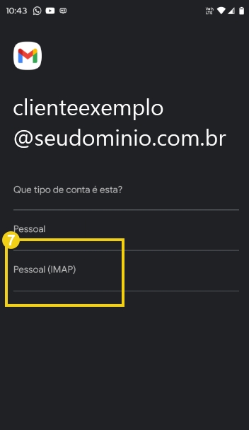 Tela de login de email com opção de escolher entre conta pessoal e conta Pessoal IMAP