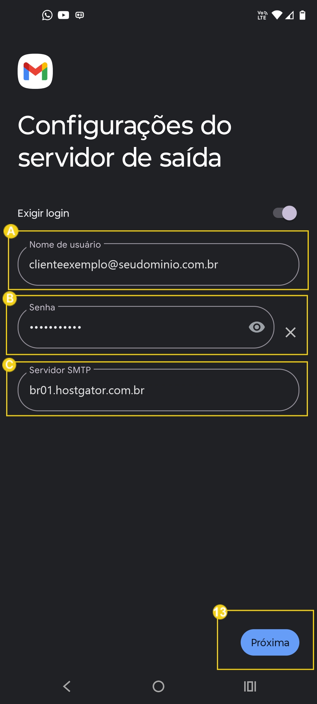 Tela de configurações do servidor de saída do Gmail exibindo campos para nome de usuário, senha e servidor SMTP.