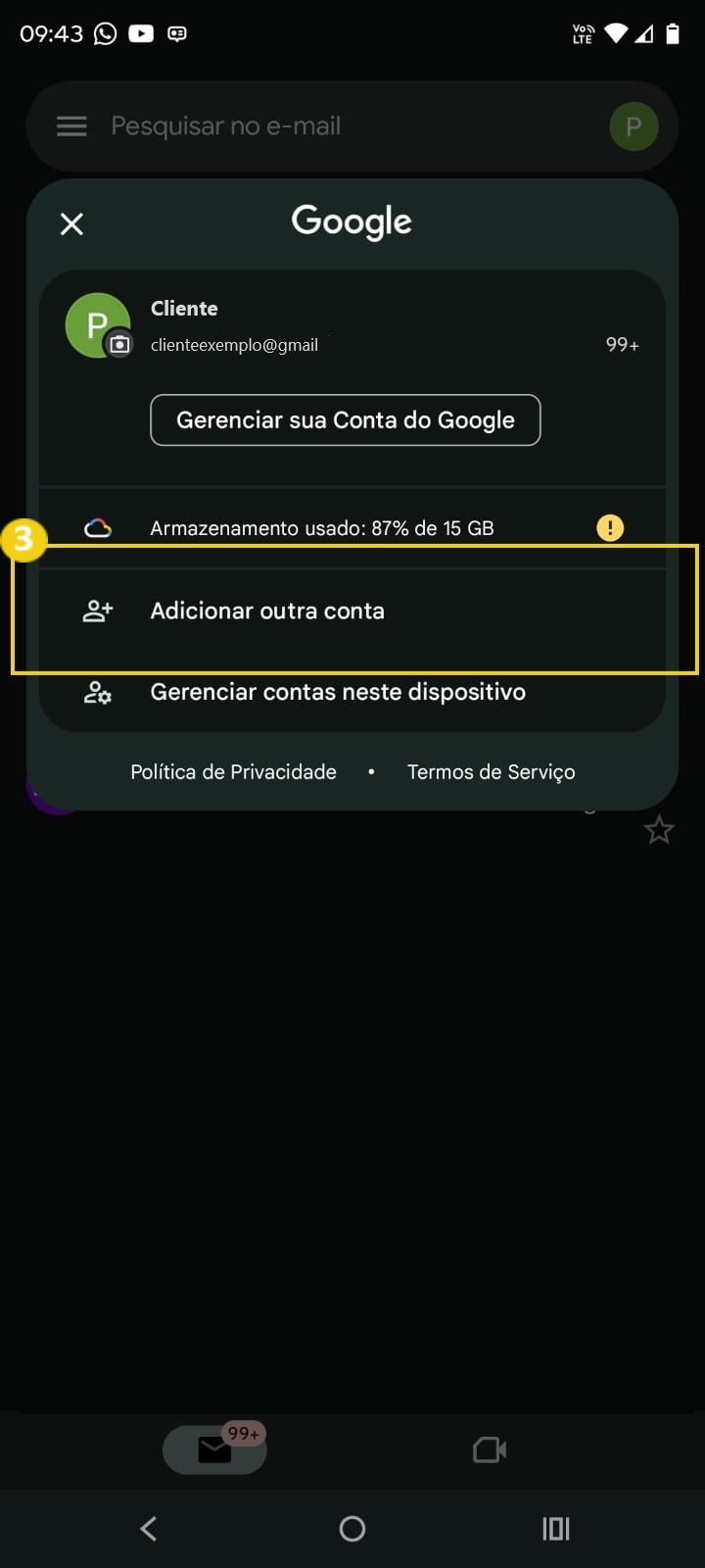 Imagem de uma tela de smartphone mostrando a opção de adicionar nova conta no Gmail, com foco nas configurações de contas e armazenamento.