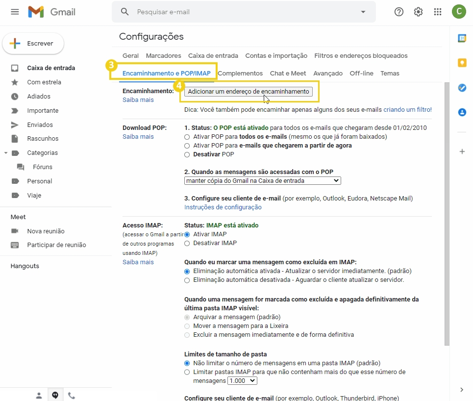 Configurações de encaminhamento e POP/IMAP no Gmail, destacando ativação de IMAP e opções de gerenciamento de mensagens.