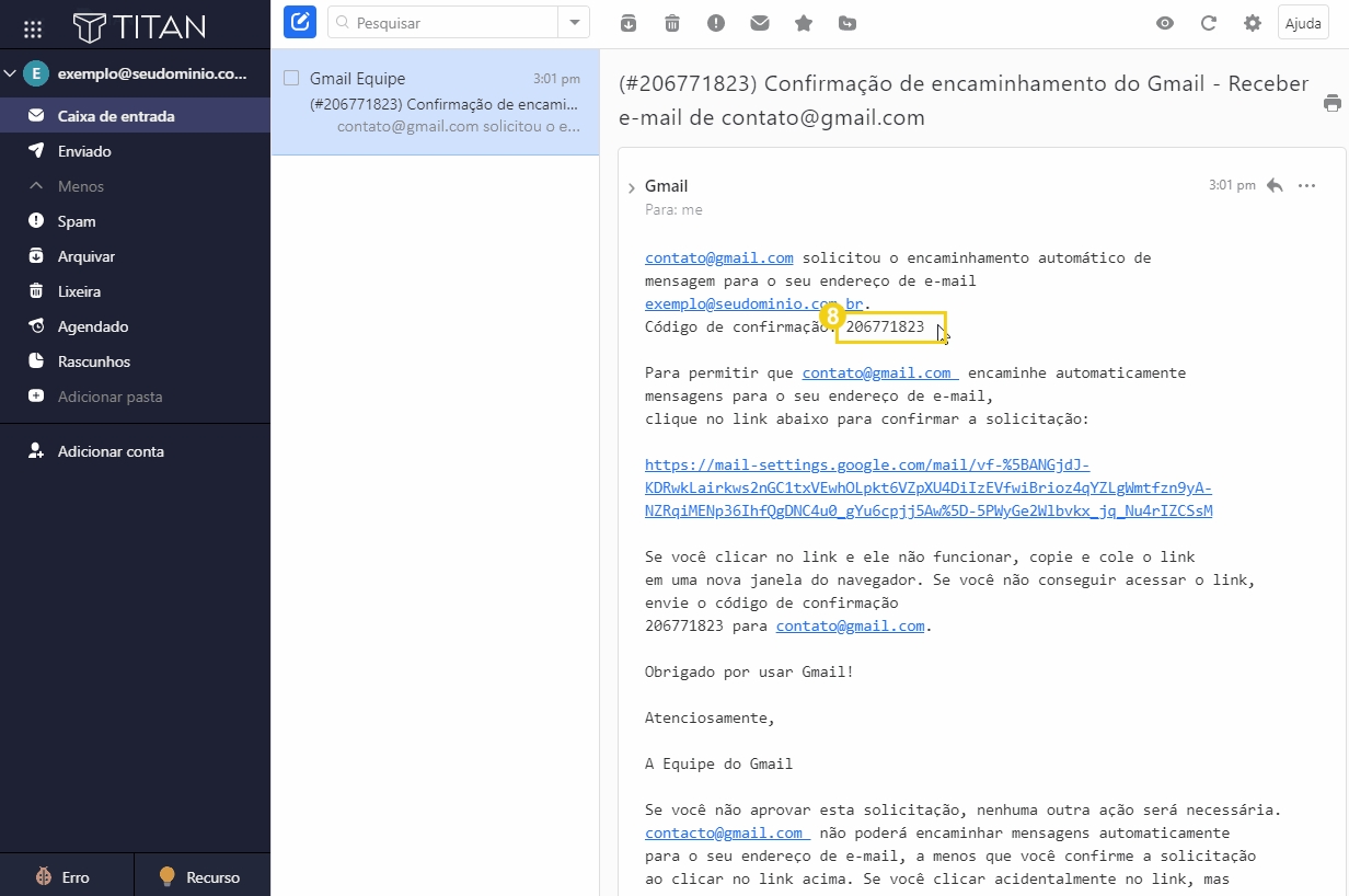 Imagem de uma tela de confirmação de encaminhamento de e-mail no Gmail, com destaque para o código de confirmação 206771823, essencial para verificar o envio de mensagens automáticas.
