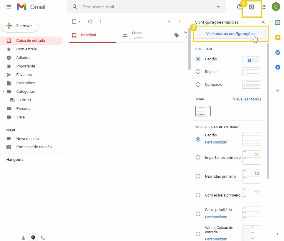 Configurações rápidas do Gmail, destacando a opção para ver todas as configurações, facilitando a personalização e otimização do e-mail.