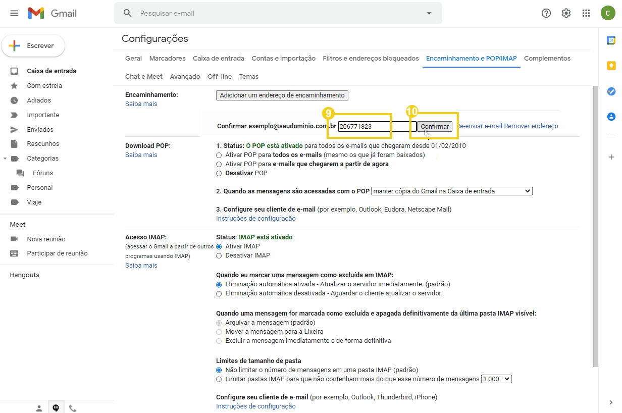 Imagem de tela de configurações do Gmail na aba de Encaminhamento e POP/IMAP, mostrando opções de ativação e configurações de IMAP e POP.