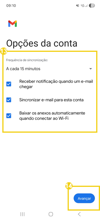 Imagem mostra a tela do celular, no aplicativo Gmail, com a marcação nos campos para definir opções da conta
