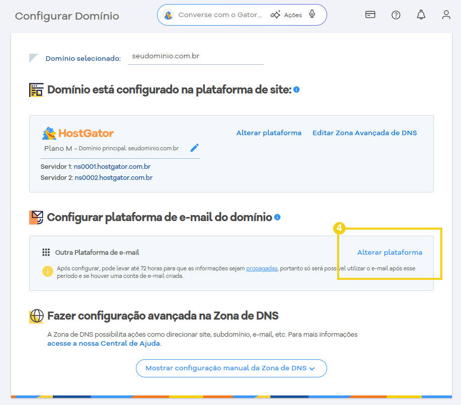Imagem da plataforma HostGator exibindo a configuração do domínio e a configuração avançada de DNS para otimização de DNS e gerenciamento de domínio.