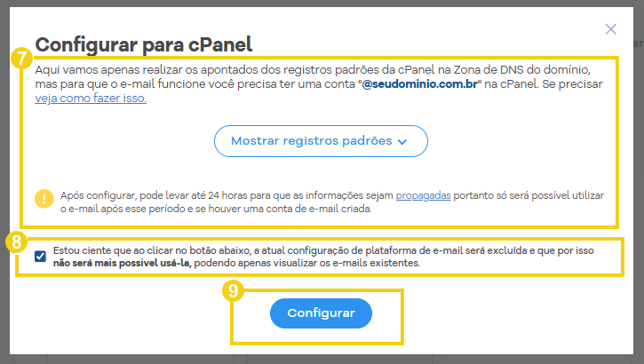Imagem de interface do painel de configuração de domínio e troca de plataforma de e-mail em uma conta de hospedagem na Internet, evidenciando opções como cPanel e Gmail