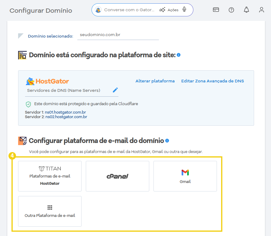 Imagem mostrando o painel de configuração de domínio na plataforma HostGator, com opções de conexão de e-mail e gerenciamento de DNS, garantindo a otimização do site e serviços de hospedagem.