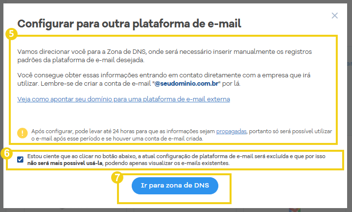 Imagem de painel de controle do painel de gerenciamento de domínio na plataforma HostGator, com opções de configuração de DNS, e-mail e suporte, mostrando detalhes de um domínio configurado.