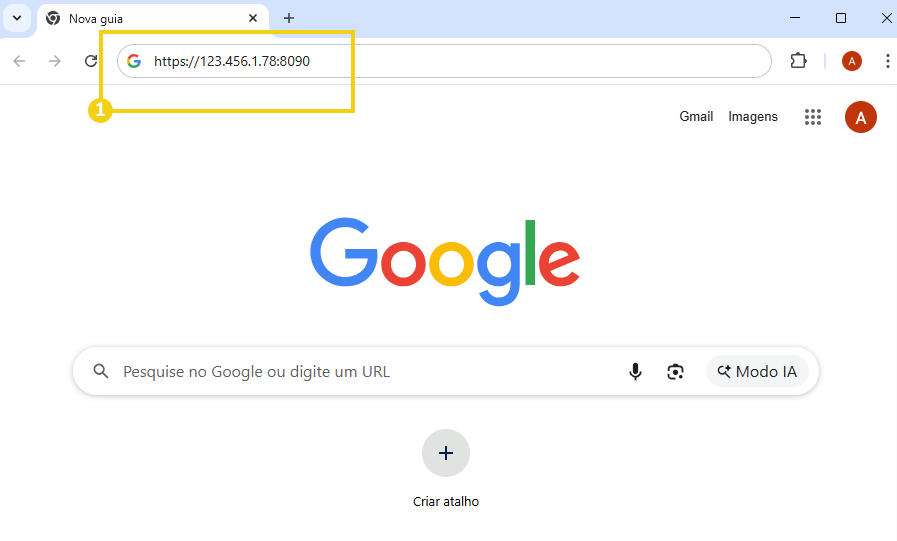 Imagem mostra a tela do navegador e na barra de busca o número do IP mais dois pontos mais a porta do CyberPanel 8090