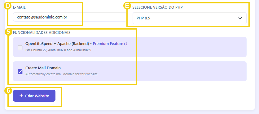 Imagem mostra a tela do painel CyberPanel para inserir os outros dados e concluir a adição do domínio