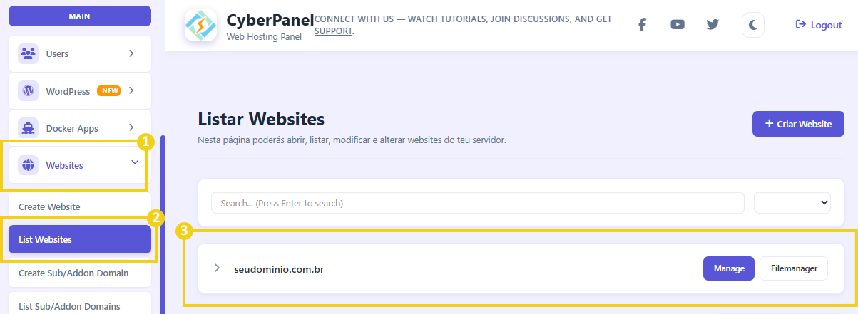 Imagem mostra a tela do painel CyberPanel mostrando o passo a passo para acessar a lista de domínios, que é no menu lateral clicar em Websites (Sites) e em seguida clicar em List Websites (Lista de sites)