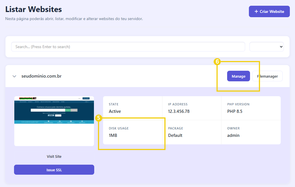 Imagem mostra a tela do CyberPanel com a marcação no quadrante que mostra o disco de uso e o botão de gerenciamento
