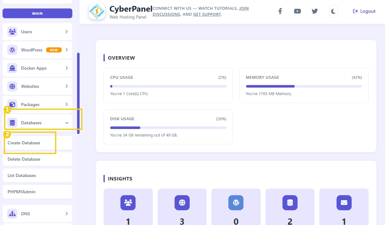 Tutorial de painel CyberPanel mostrando o menu de bancos de dados e o processo de criação de banco de dados no painel de hospedagem web.