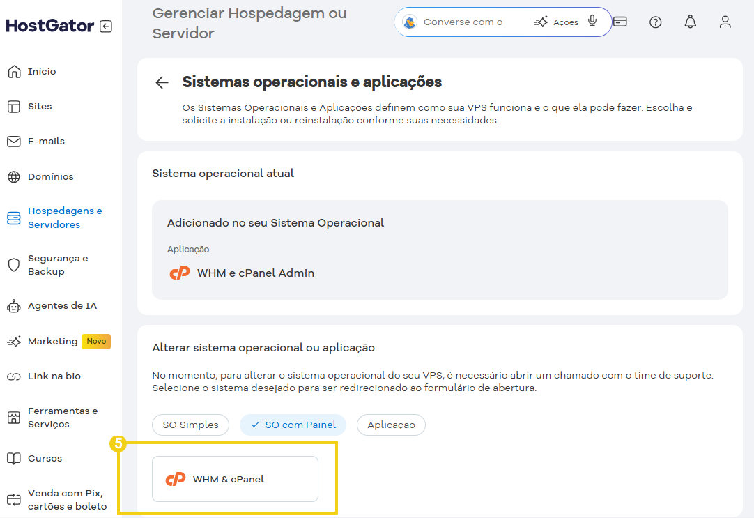 A imagem mostra o painel de gerenciamento de servidores, destacando  o botão "WHM & cPanel"