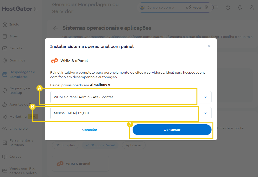 Imagem destaca campos para preenchimento de quantidade de licenças e ciclo de pagamento