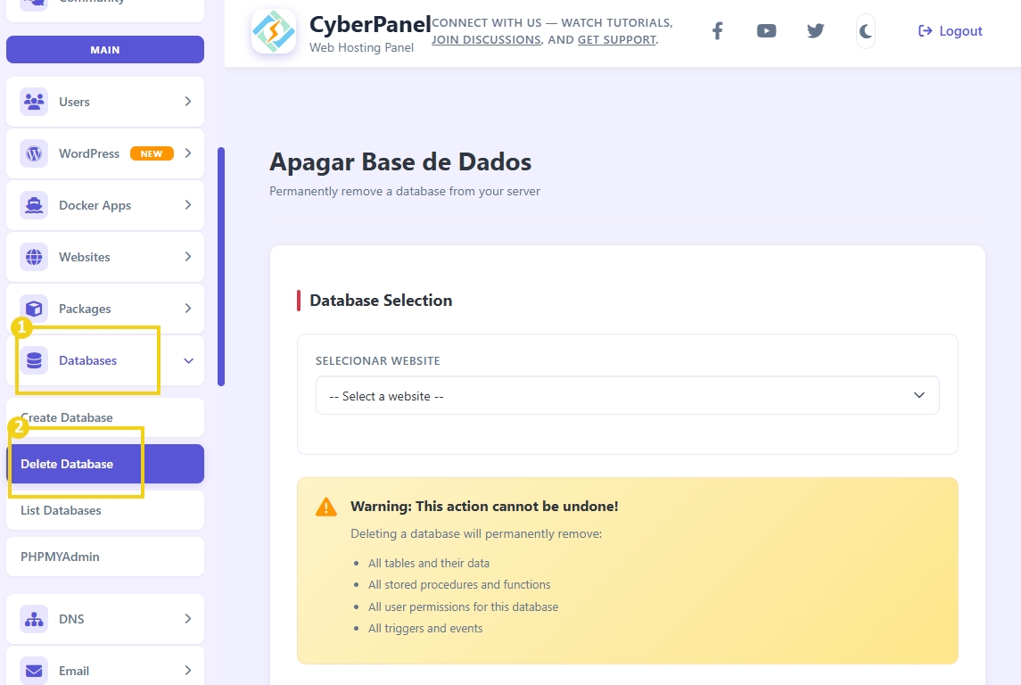 Tela de painel de controle CyberPanel mostrando a opção para apagar banco de dados, com menus de navegação laterais visíveis e aviso de ação permanente.