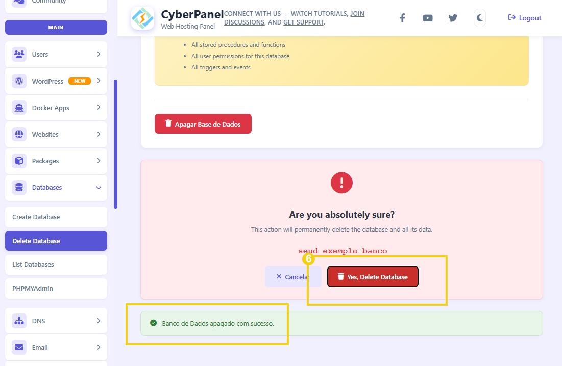 Tela de painel de controle do CyberPanel mostrando a exclusão de um banco de dados e confirmação de exclusão bem-sucedida para gerenciamento de banco de dados.