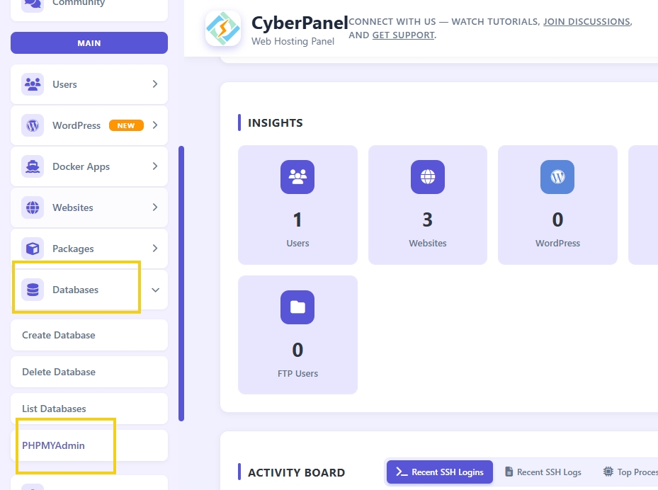 Tela de painel de controle do CyberPanel mostrando opções de gerenciamento de bancos de dados, sites e usuários, com destaque para as seções de bancos de dados e PHPMyAdmin.