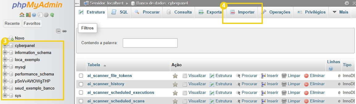 Imagem mostrando a interface do phpMyAdmin com destaque na aba "Importar", utilizada para importar bancos de dados.