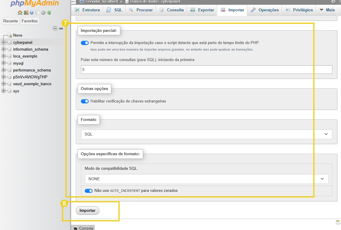 Tela de configuração de importação parcial de banco de dados em ambiente de servidor, mostrando opções de segurança, formato SQL e compatibilidade.