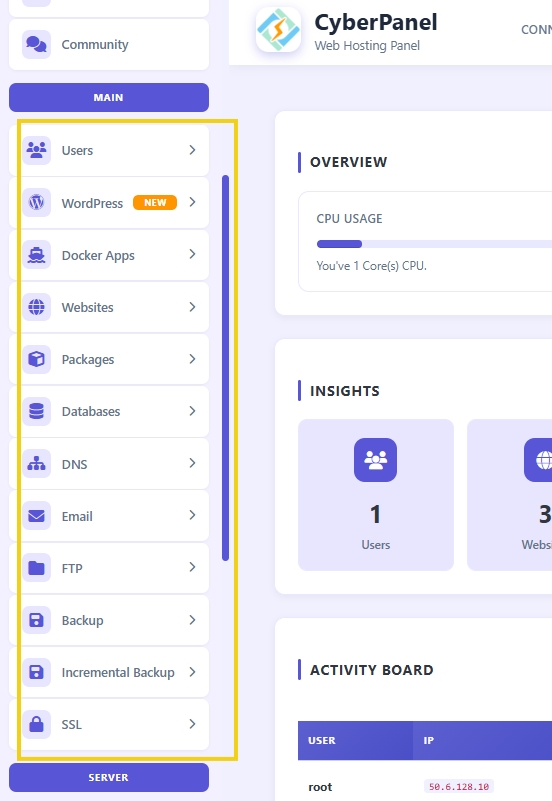 Painel de controle do CyberPanel mostrando opções como usuários, WordPress, Docker Apps, websites, pacotes, bancos de dados, DNS, email, FTP, backup, backup incremental e SSL.