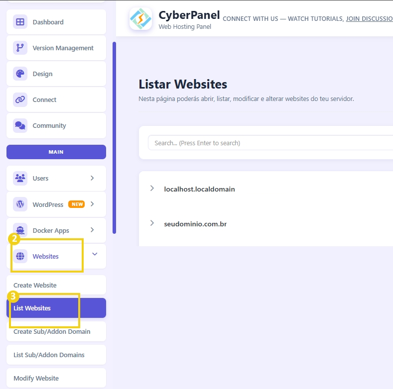 Tela do painel de controle do CyberPanel mostrando a lista de websites disponíveis, incluindo localhost.localdomain e seudominio.com.br, com opções para listar, editar e modificar sites do servidor.