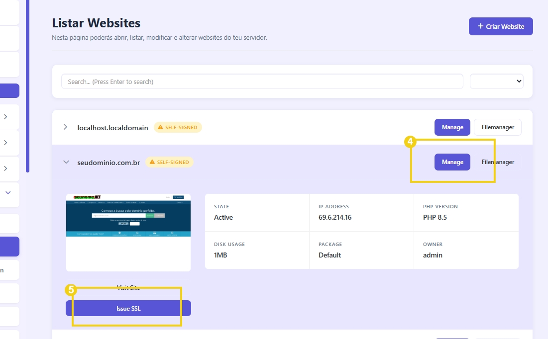 Lista de websites com destaque para o site seudominio.com.br, mostrando gerenciamento de SSL, detalhes de servidor, e opções de edição.