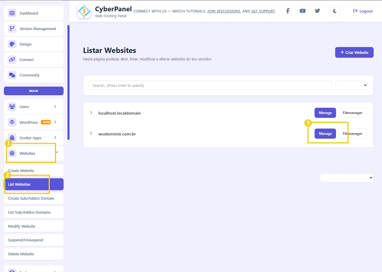 Painel do CyberPanel mostrando a lista de websites disponíveis e o botão para gerenciar o site 'seudominio.com.br', otimizado para 'listar websites no CyberPanel'