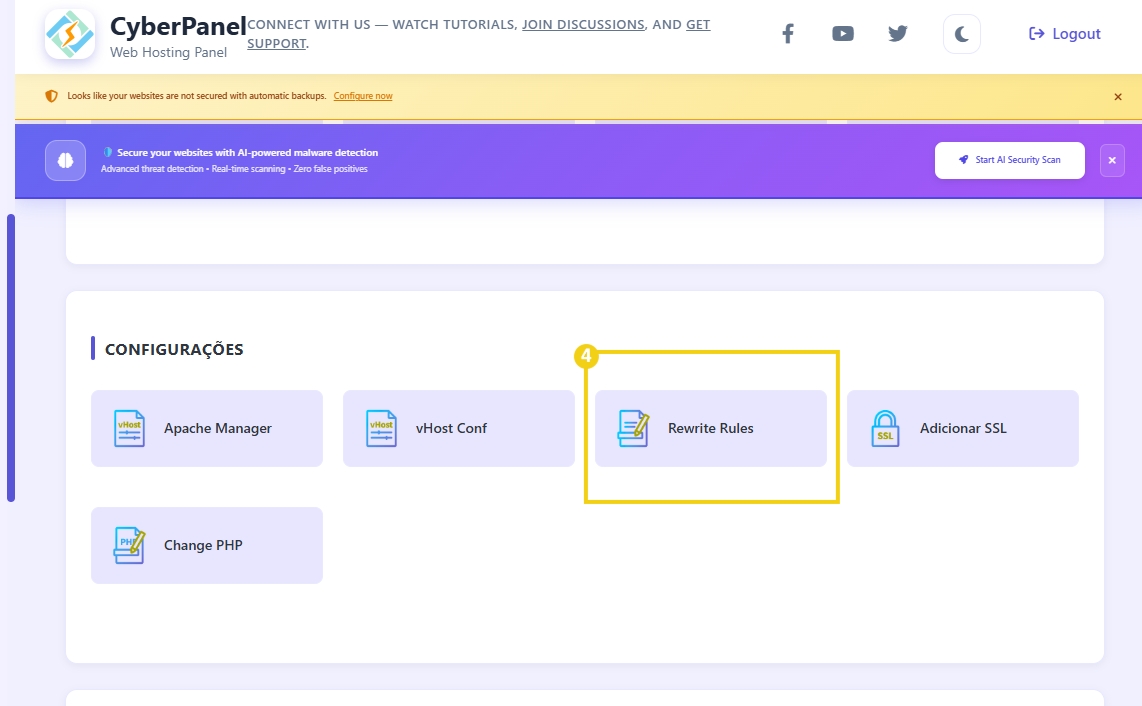 Tela do painel de controle CyberPanel mostrando a opção 'Rewrite Rules' destacada em amarelo