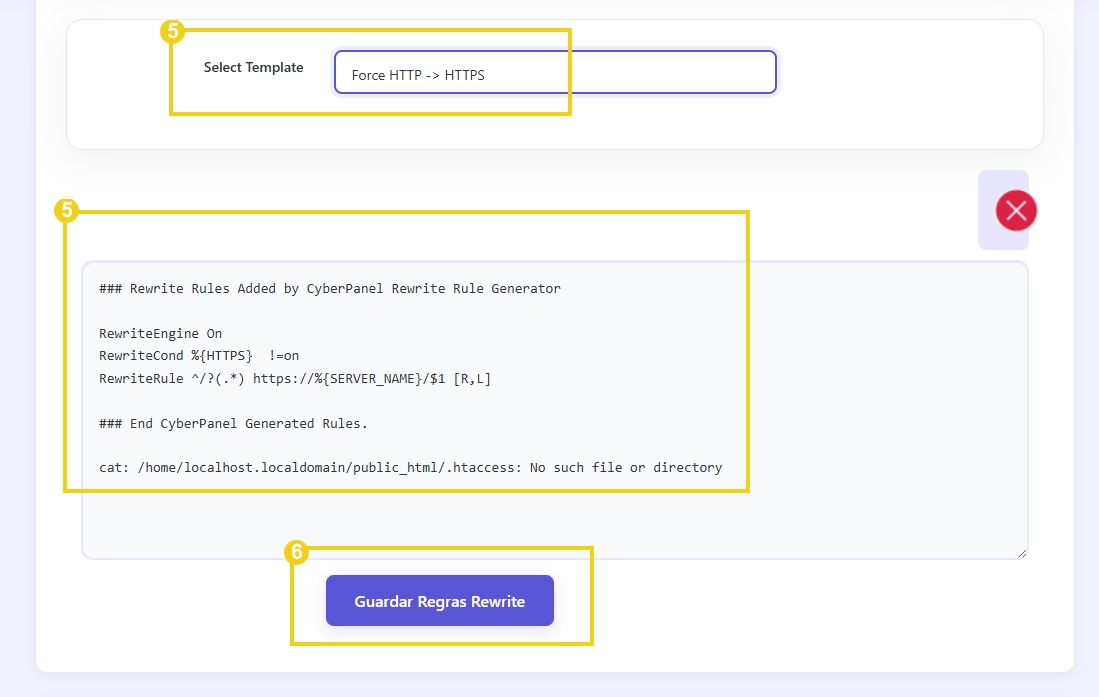 Imagem de um gerador de regras de rewrite do CyberPanel, exibindo código para configurar redirecionamentos HTTPS. Tela de configuração com botão 'Salvar Regras Rewrite' destaque.