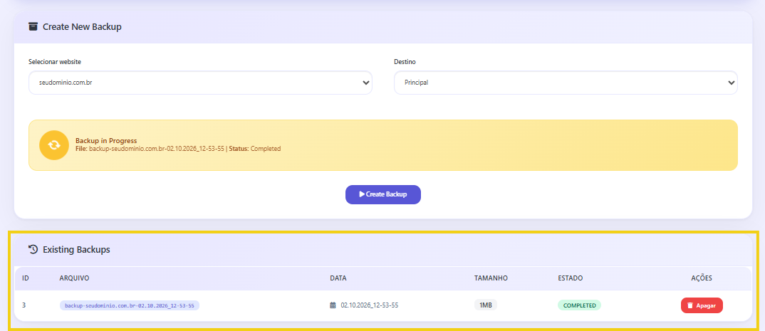 Imagem mostra o painel&nbsp;CyberPanel&nbsp;com a marcação na seção que mostra o histórico de backups gerados