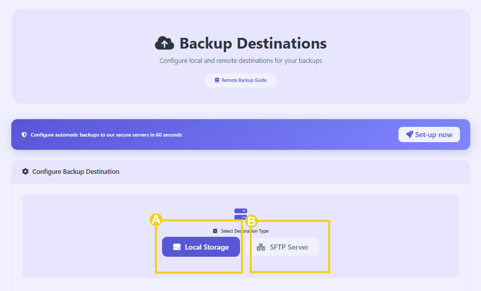 Imagem mostra o painel&nbsp;CyberPanel&nbsp;com a marcação nas opções que tem para configurar os destinos de backup