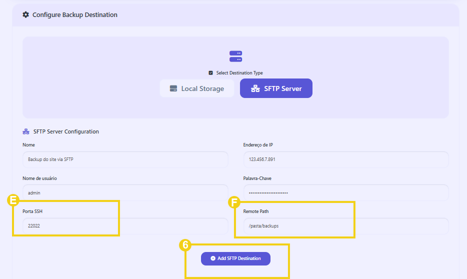 Imagem mostra o painel&nbsp;CyberPanel&nbsp;com a marcação nos campos para concluir a configuração do destino externo